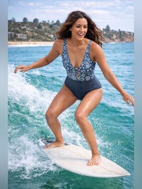 Profile by Gottex Flores Halterneck One-Piece Swimsuit Blue Print Size 14